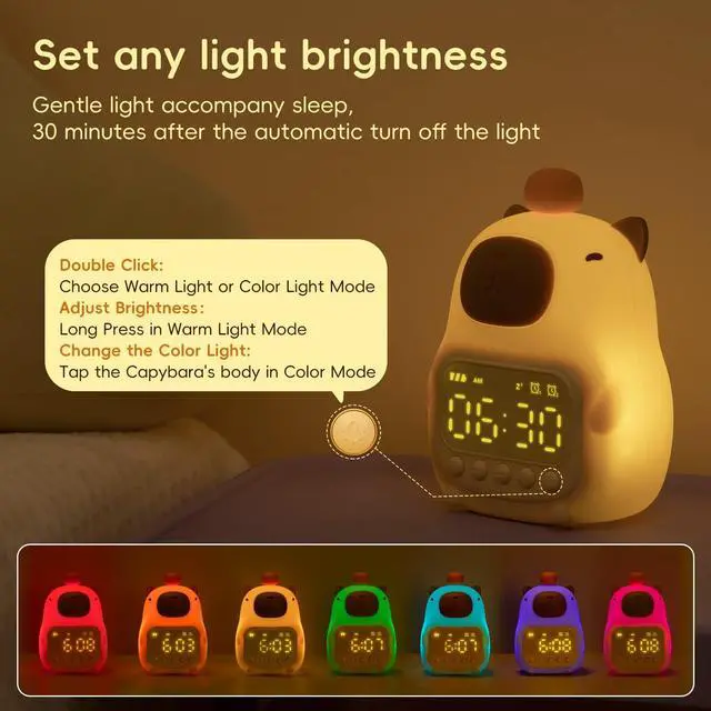 Alt view image 3 of 7 - Capybara Alarm Clock with Night Light for Kids, Cute Toddler Alarm Clocks for Bedrooms Ok to Wake Clocks for Girls and Boys, Silicone Animal Tabletop Lamp for Kid, RGB Color