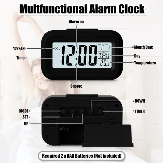 Alt view image 3 of 7 - Digital Alarm Clock with Indoor Temperature, Battery Operated, Large LCD Display, Simple Operation, Snooze Back Light, Time Date Month for Bedroom Travel Heavy Sleeper(Classic Colors,3 Pack)