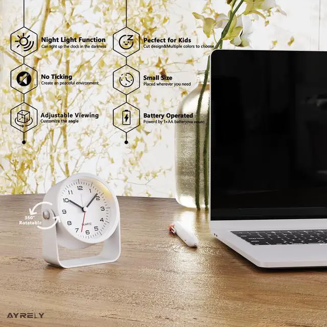 Alt view image 2 of 7 - ® 3.5 Inch Small Analog Alarm Clocks,Battery Operated Desk Clock,Cute Table Clock with LightAdjustable Angle for Travel,Bedside,Bedroom,Kids,Living Room Decor (White)