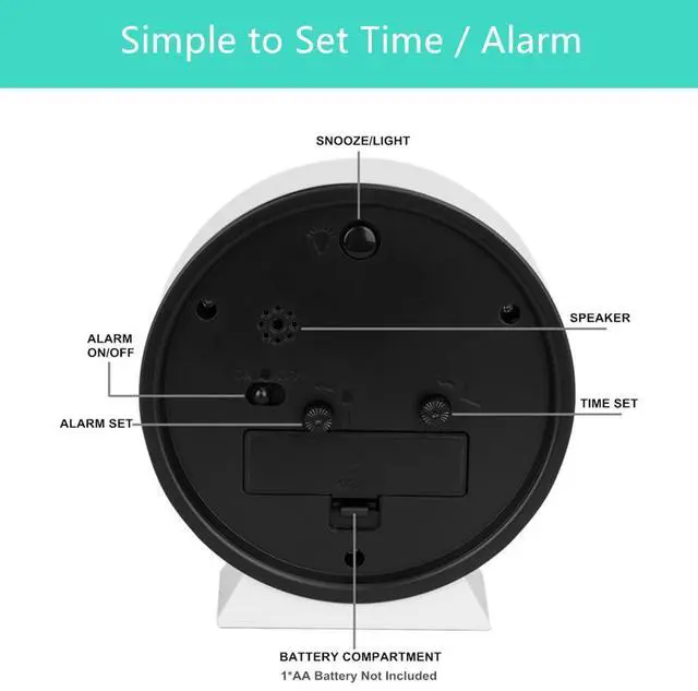 Alt view image 5 of 6 - No Ticking Silent Alarm Clock,Easy to Read and Use,Ascending Sound,1 AA Battery Operated,Snooze Light,Bedside Desk Clock,White