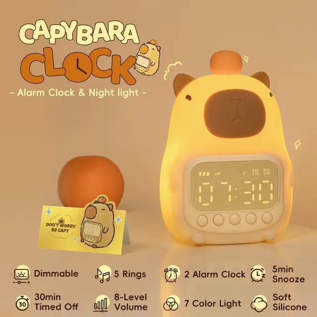 Alt view image 2 of 7 - Capybara Alarm Clock with Night Light for Kids, Cute Toddler Alarm Clocks for Bedrooms Ok to Wake Clocks for Girls and Boys, Silicone Animal Tabletop Lamp for Kid, RGB Color