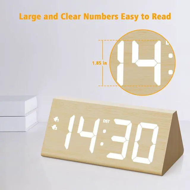 Alt view image 2 of 7 - Wooden Digital Alarm Clock with Dual USB Charging Ports, DST, Dimmable, Snooze, Modern Large Time Display LED Clock for Kids Bedrooms, Living Room, Desk, Table, Bedside, Nightstand (Bamboo)