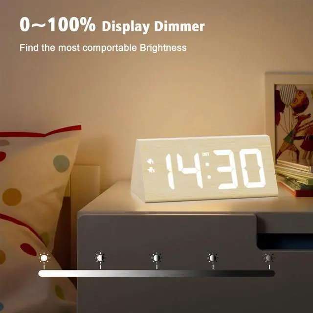 Alt view image 3 of 7 - Wooden Digital Alarm Clock with Dual USB Charging Ports, DST, Dimmable, Snooze, Modern Large Time Display LED Clock for Kids Bedrooms, Living Room, Desk, Table, Bedside, Nightstand (Bamboo)