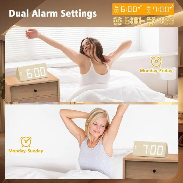 Alt view image 5 of 7 - Wooden Digital Alarm Clock with Dual USB Charging Ports, DST, Dimmable, Snooze, Modern Large Time Display LED Clock for Kids Bedrooms, Living Room, Desk, Table, Bedside, Nightstand (Bamboo)