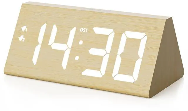Main image of Wooden Digital Alarm Clock with Dual USB Charging Ports, DST, Dimmable, Snooze, Modern Large Time Display LED Clock for Kids Bedrooms, Living Room, Desk, Table, Bedside, Nightstand (Bamboo)