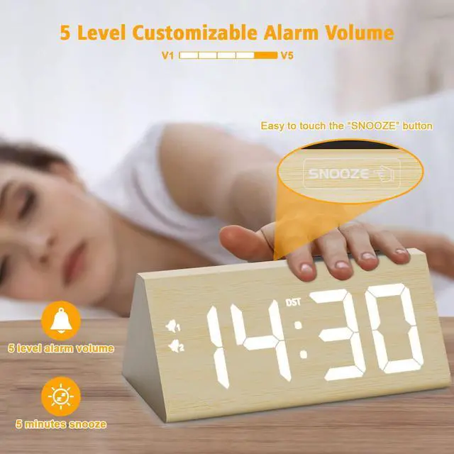 Alt view image 4 of 7 - Wooden Digital Alarm Clock with Dual USB Charging Ports, DST, Dimmable, Snooze, Modern Large Time Display LED Clock for Kids Bedrooms, Living Room, Desk, Table, Bedside, Nightstand (Bamboo)