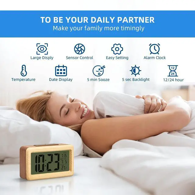 Alt view image 6 of 7 - Wooden Digital Battery Operated Alarm Clocks for Bedrooms, Beside, Table, Desk