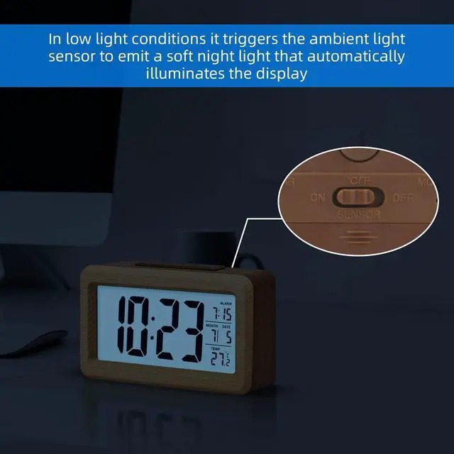 Alt view image 3 of 7 - Wooden Digital Battery Operated Alarm Clocks for Bedrooms, Beside, Table, Desk