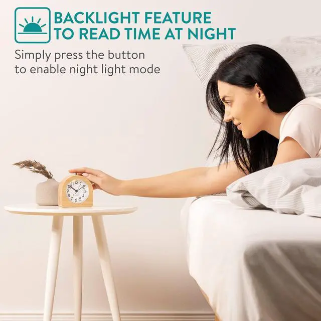 Alt view image 3 of 7 - Wood Analog Alarm Clock - Half-Round Battery-Operated Non-Ticking Clock with Snooze Button and Light - Light Brown