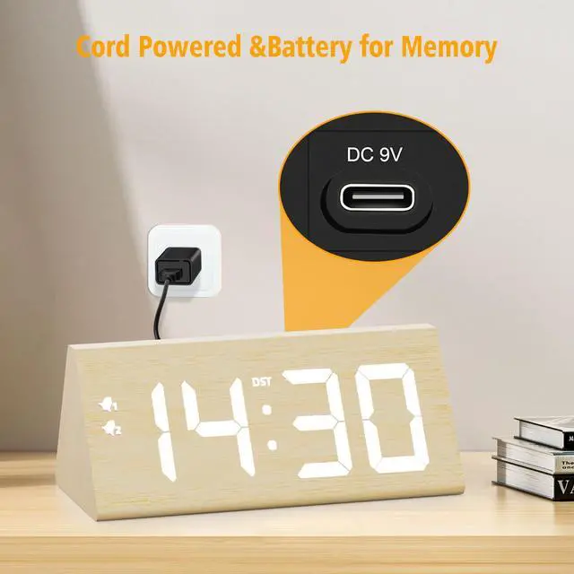 Alt view image 6 of 7 - Wooden Digital Alarm Clock with Dual USB Charging Ports, DST, Dimmable, Snooze, Modern Large Time Display LED Clock for Kids Bedrooms, Living Room, Desk, Table, Bedside, Nightstand (Bamboo)
