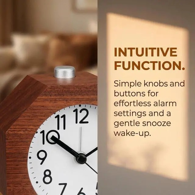 Alt view image 4 of 7 - Wood Analog Alarm Clock, 3 Inches Non-Ticking Quiet Silent with Arabic Numerals Wake Up Backlight Snooze Function Battery Operated for Bedroom Heavy Sleepers (Brown)
