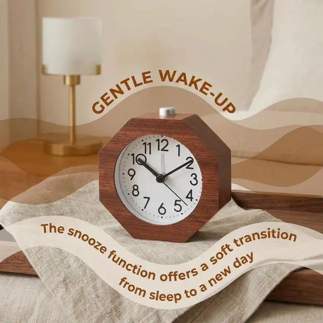 Alt view image 3 of 7 - Wood Analog Alarm Clock, 3 Inches Non-Ticking Quiet Silent with Arabic Numerals Wake Up Backlight Snooze Function Battery Operated for Bedroom Heavy Sleepers (Brown)