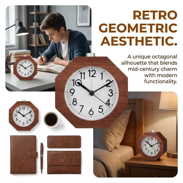 Alt view image 5 of 7 - Wood Analog Alarm Clock, 3 Inches Non-Ticking Quiet Silent with Arabic Numerals Wake Up Backlight Snooze Function Battery Operated for Bedroom Heavy Sleepers (Brown)