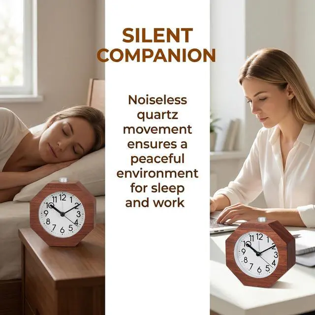 Alt view image 6 of 7 - Wood Analog Alarm Clock, 3 Inches Non-Ticking Quiet Silent with Arabic Numerals Wake Up Backlight Snooze Function Battery Operated for Bedroom Heavy Sleepers (Brown)