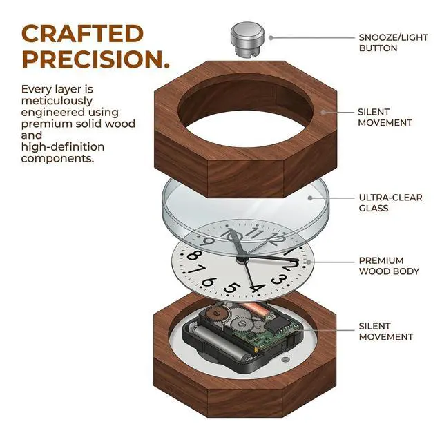 Alt view image 7 of 7 - Wood Analog Alarm Clock, 3 Inches Non-Ticking Quiet Silent with Arabic Numerals Wake Up Backlight Snooze Function Battery Operated for Bedroom Heavy Sleepers (Brown)