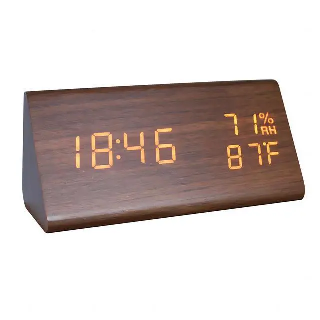 Main image of Wooden Digital Alarm Clock, Time Date 12/24H Temperature Humidity Display Sound Activation 3 Level Brightness Battery Operated Desk Clocks for Home Bedroom