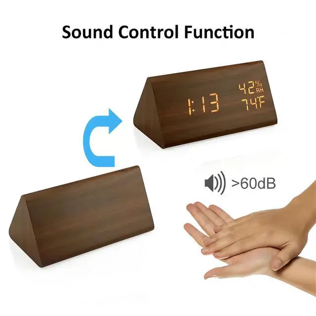 Alt view image 3 of 6 - Wooden Digital Alarm Clock, Time Date 12/24H Temperature Humidity Display Sound Activation 3 Level Brightness Battery Operated Desk Clocks for Home Bedroom