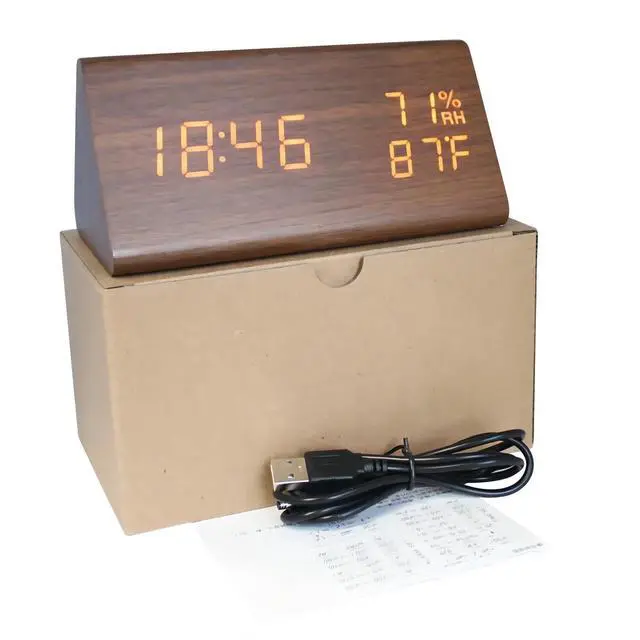 Alt view image 6 of 6 - Wooden Digital Alarm Clock, Time Date 12/24H Temperature Humidity Display Sound Activation 3 Level Brightness Battery Operated Desk Clocks for Home Bedroom