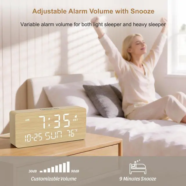 Alt view image 3 of 7 - Wooden Digital Alarm Clocks for Bedrooms - Living Room Desk Clock with Date and Day of Week, Temperature, USB Port, Dimmer Wheel, Adjustable Volume, Auto DST, Wood Decor for Office Table
