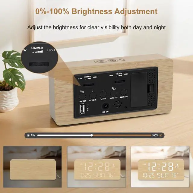 Alt view image 6 of 7 - Wooden Digital Alarm Clocks for Bedrooms - Living Room Desk Clock with Date and Day of Week, Temperature, USB Port, Dimmer Wheel, Adjustable Volume, Auto DST, Wood Decor for Office Table