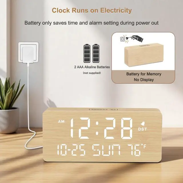 Alt view image 5 of 7 - Wooden Digital Alarm Clocks for Bedrooms - Living Room Desk Clock with Date and Day of Week, Temperature, USB Port, Dimmer Wheel, Adjustable Volume, Auto DST, Wood Decor for Office Table