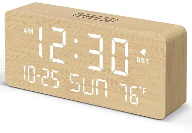 Main image of Wooden Digital Alarm Clocks for Bedrooms - Living Room Desk Clock with Date and Day of Week, Temperature, USB Port, Dimmer Wheel, Adjustable Volume, Auto DST, Wood Decor for Office Table