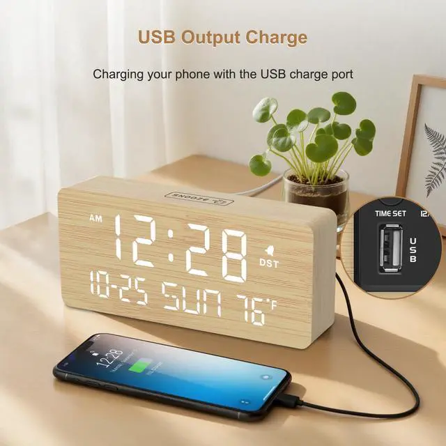 Alt view image 7 of 7 - Wooden Digital Alarm Clocks for Bedrooms - Living Room Desk Clock with Date and Day of Week, Temperature, USB Port, Dimmer Wheel, Adjustable Volume, Auto DST, Wood Decor for Office Table