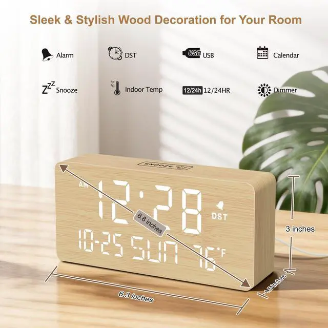 Alt view image 2 of 7 - Wooden Digital Alarm Clocks for Bedrooms - Living Room Desk Clock with Date and Day of Week, Temperature, USB Port, Dimmer Wheel, Adjustable Volume, Auto DST, Wood Decor for Office Table