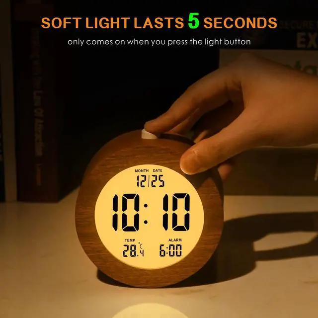 Alt view image 2 of 7 - Wooden Digital Alarm Clock for Bedrooms, Wood 4'' Battery Powered Alarm Clock with Snooze and Nightlight, Electronic LCD Desk Clock Display Time, Date, Temp, 12/24H, Wood Décor, Round, Sapele