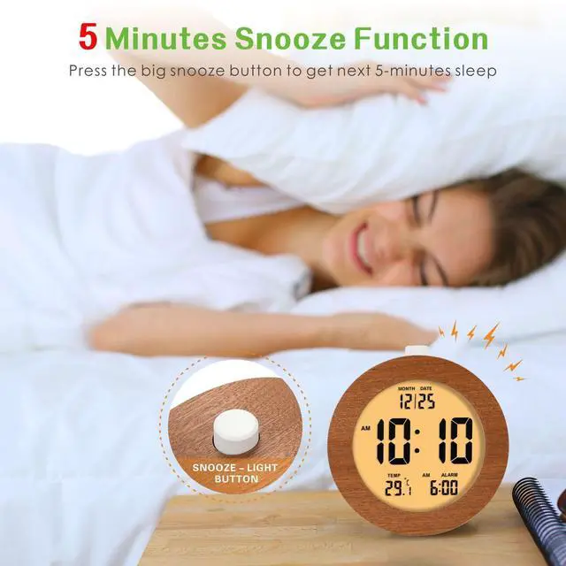 Alt view image 3 of 7 - Wooden Digital Alarm Clock for Bedrooms, Wood 4'' Battery Powered Alarm Clock with Snooze and Nightlight, Electronic LCD Desk Clock Display Time, Date, Temp, 12/24H, Wood Décor, Round, Sapele