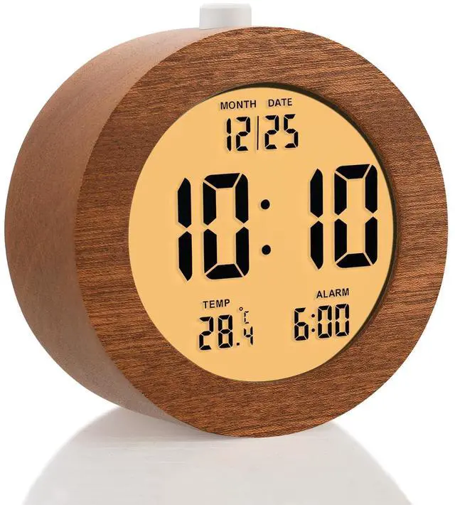 Main image of Wooden Digital Alarm Clock for Bedrooms, Wood 4'' Battery Powered Alarm Clock with Snooze and Nightlight, Electronic LCD Desk Clock Display Time, Date, Temp, 12/24H, Wood Décor, Round, Sapele