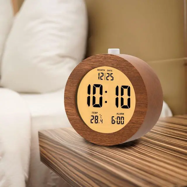 Alt view image 5 of 7 - Wooden Digital Alarm Clock for Bedrooms, Wood 4'' Battery Powered Alarm Clock with Snooze and Nightlight, Electronic LCD Desk Clock Display Time, Date, Temp, 12/24H, Wood Décor, Round, Sapele