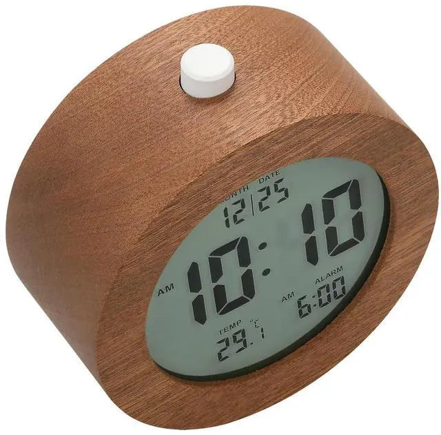 Alt view image 7 of 7 - Wooden Digital Alarm Clock for Bedrooms, Wood 4'' Battery Powered Alarm Clock with Snooze and Nightlight, Electronic LCD Desk Clock Display Time, Date, Temp, 12/24H, Wood Décor, Round, Sapele