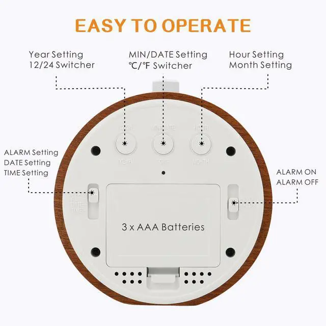 Alt view image 4 of 7 - Wooden Digital Alarm Clock for Bedrooms, Wood 4'' Battery Powered Alarm Clock with Snooze and Nightlight, Electronic LCD Desk Clock Display Time, Date, Temp, 12/24H, Wood Décor, Round, Sapele