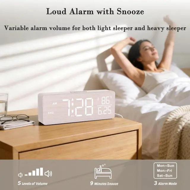 Alt view image 3 of 7 - Wooden Digital Alarm Clocks for Bedrooms Large Display Desk Clock with Date & Day of Week for Living Room, Temperature, Dimmer, Adjustable Volume, Auto DST, Office Wood Décor (Plug-in)