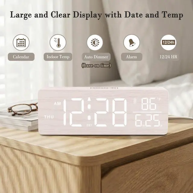 Alt view image 2 of 7 - Wooden Digital Alarm Clocks for Bedrooms Large Display Desk Clock with Date & Day of Week for Living Room, Temperature, Dimmer, Adjustable Volume, Auto DST, Office Wood Décor (Plug-in)
