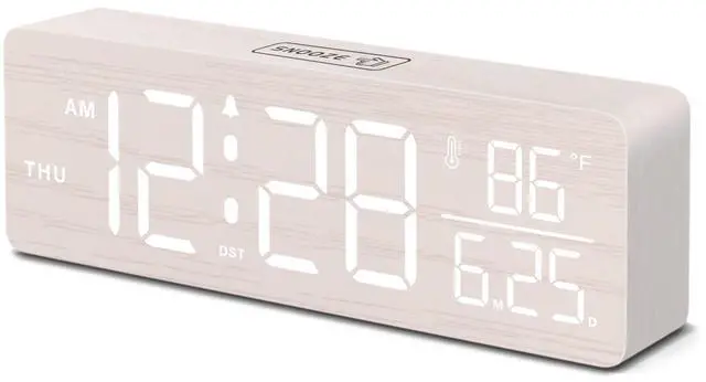 Main image of Wooden Digital Alarm Clocks for Bedrooms Large Display Desk Clock with Date & Day of Week for Living Room, Temperature, Dimmer, Adjustable Volume, Auto DST, Office Wood Décor (Plug-in)