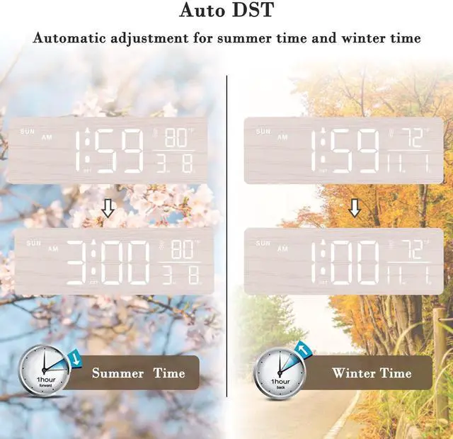 Alt view image 5 of 7 - Wooden Digital Alarm Clocks for Bedrooms Large Display Desk Clock with Date & Day of Week for Living Room, Temperature, Dimmer, Adjustable Volume, Auto DST, Office Wood Décor (Plug-in)