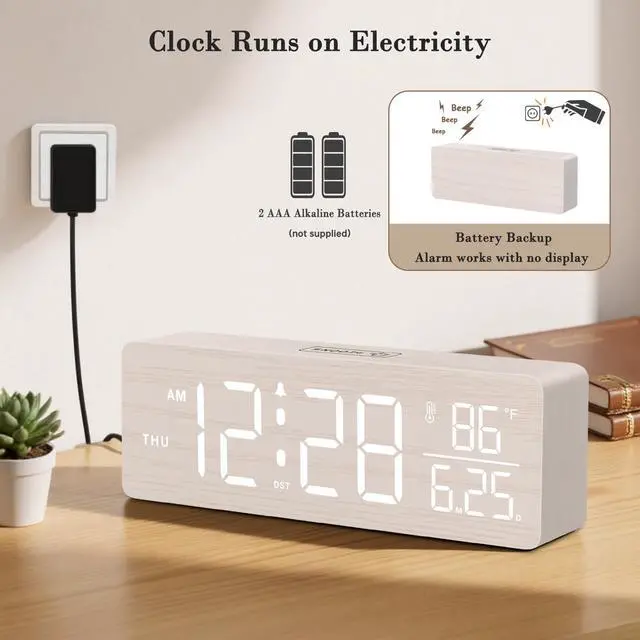 Alt view image 6 of 7 - Wooden Digital Alarm Clocks for Bedrooms Large Display Desk Clock with Date & Day of Week for Living Room, Temperature, Dimmer, Adjustable Volume, Auto DST, Office Wood Décor (Plug-in)