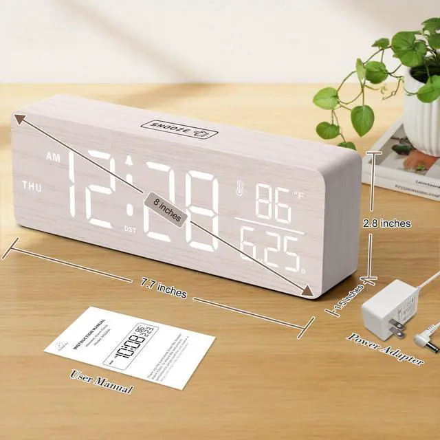 Alt view image 7 of 7 - Wooden Digital Alarm Clocks for Bedrooms Large Display Desk Clock with Date & Day of Week for Living Room, Temperature, Dimmer, Adjustable Volume, Auto DST, Office Wood Décor (Plug-in)