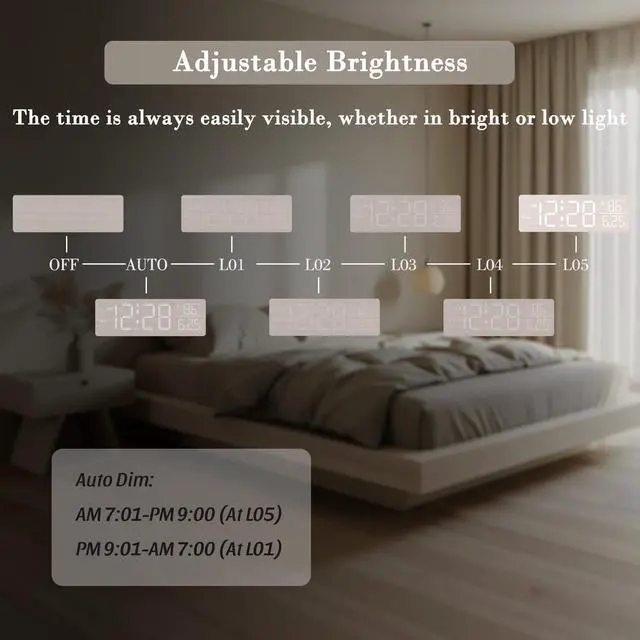 Alt view image 4 of 7 - Wooden Digital Alarm Clocks for Bedrooms Large Display Desk Clock with Date & Day of Week for Living Room, Temperature, Dimmer, Adjustable Volume, Auto DST, Office Wood Décor (Plug-in)