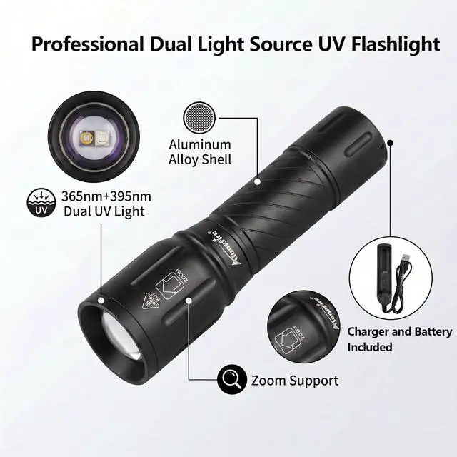 Alt view image 2 of 7 - X97 Dual UV Flashlight 365nm & 395nm Blacklight, Zoomable USB Rechargeable LED Ultraviolet Light with Battery and Charger, Aluminum Alloy Stain Detector for Pet Urine,Resin Curing,Rocks