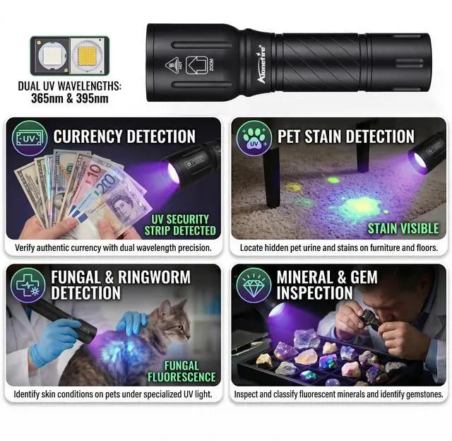 Alt view image 5 of 7 - X97 Dual UV Flashlight 365nm & 395nm Blacklight, Zoomable USB Rechargeable LED Ultraviolet Light with Battery and Charger, Aluminum Alloy Stain Detector for Pet Urine,Resin Curing,Rocks