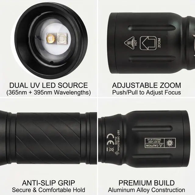 Alt view image 4 of 7 - X97 Dual UV Flashlight 365nm & 395nm Blacklight, Zoomable USB Rechargeable LED Ultraviolet Light with Battery and Charger, Aluminum Alloy Stain Detector for Pet Urine,Resin Curing,Rocks