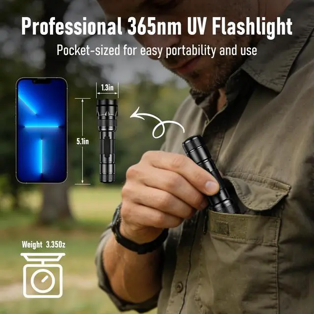 Alt view image 4 of 7 - NGE01 365nm UV Black Light Flashlight, Portable One Mode LED Ultraviolet Pocket Flashlight for Pet Urine Stains, Curing UV Glue, Scorpions, Resin, Leak Detection