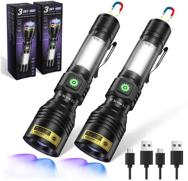 Main image of UV Flashlight 365nm & 395nm Dual Black Light, Powerful USB Rechargeable Ultraviolet LED Blacklight Woods Lamp, Focusable Portable Detector for Pet Urine Stains, Uranium Glass, Resin Curing(2 Pack