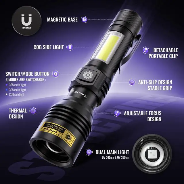 Alt view image 2 of 6 - UV Flashlight 365nm & 395nm Dual Black Light, Powerful USB Rechargeable Ultraviolet LED Blacklight Woods Lamp, Focusable Portable Detector for Pet Urine Stains, Uranium Glass, Resin Curing(2 Pack