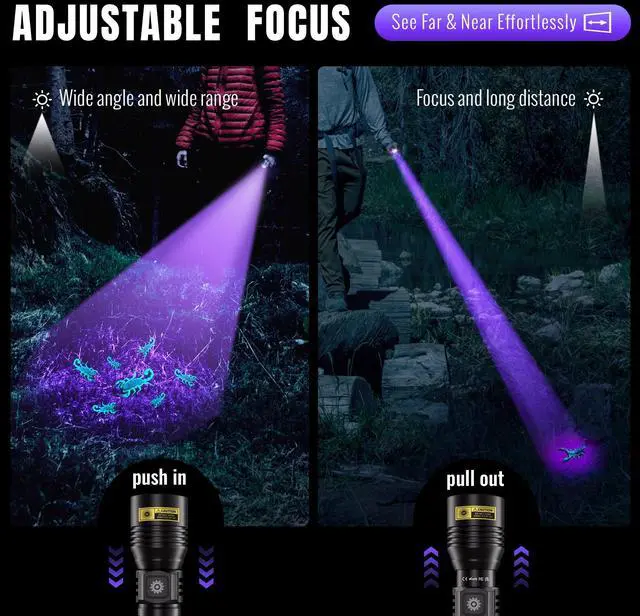 Alt view image 4 of 6 - UV Flashlight 365nm & 395nm Dual Black Light, Powerful USB Rechargeable Ultraviolet LED Blacklight Woods Lamp, Focusable Portable Detector for Pet Urine Stains, Uranium Glass, Resin Curing(2 Pack