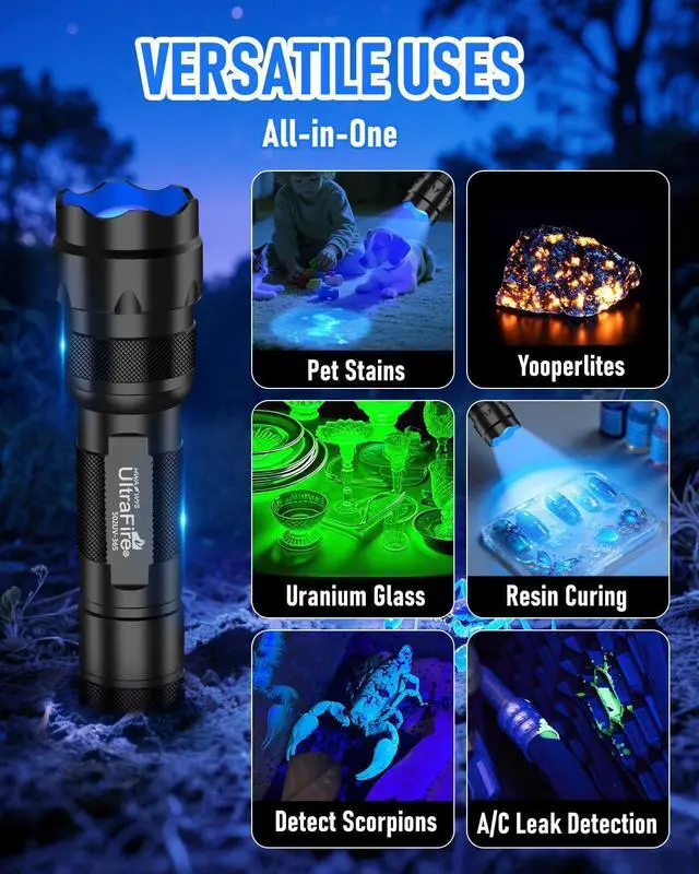 Alt view image 5 of 6 - UV Flashlight 365nm Black Light Flashlight High Power 365 nm Blacklight Pet Urine Detector UV Light for Resin Curing Scorpion Yooperlite Rocks Minerals Uranium Glass