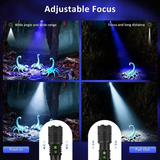 Alt view image 2 of 6 - 365nm UV Light & Led Flashlight Rechargeable, 6 modes Powerful Black Light for Pet Urine Detection, Resin, Rocks, Scorpion,Zoomable Waterproof Tactical Flashlights for Emergencies Camping Dog Walking